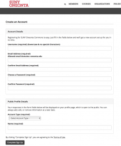 The Creating an Account page showing all the required fields to be filled out