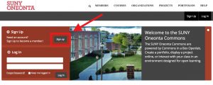 Homepage of the SUNY Oneonta OpenLab page with a red box and arrow indicating which button to select to make a new user account